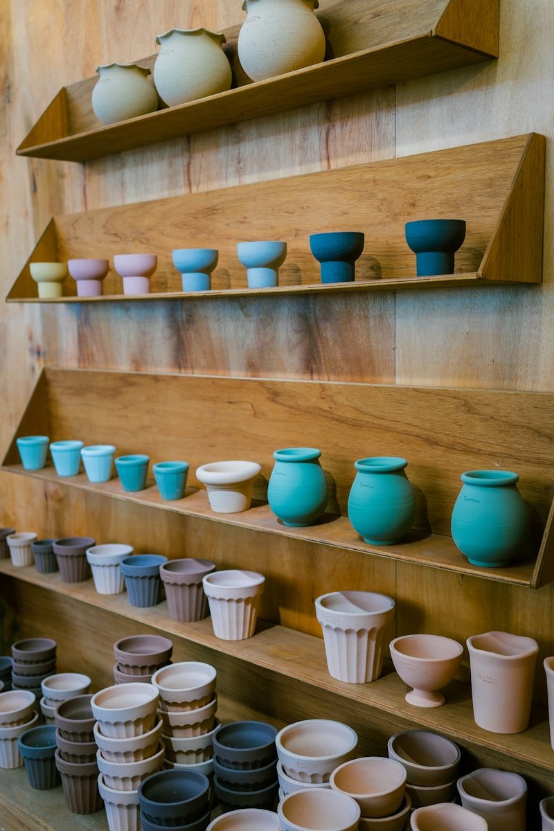 blue ceramic bowls on brown wooden shelf